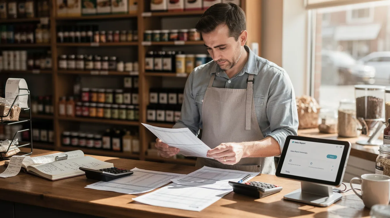 6959e31e de15 4e6e a38c 0a1f918b73f3 A small business owner is sitting at a shop counter, carefully reviewing financial documents, including bank statements and a credit report, to assess their eligibility for a business loan. The scene reflects the importance of a good credit score and a clear business plan in securing loan approval for income-generating activities.