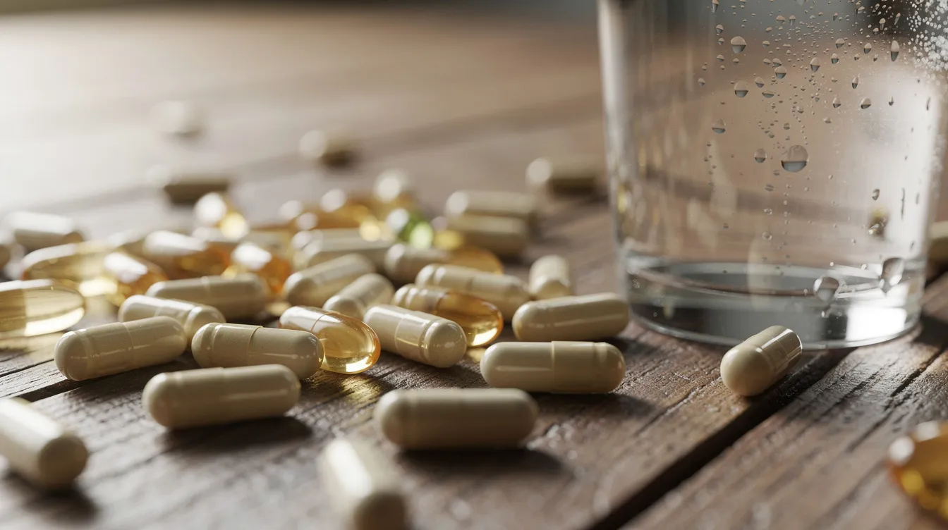 A close-up image shows various supplement capsules scattered across a wooden table, alongside a glass of water, highlighting products that may support higher testosterone levels and overall fertility metrics. The scene emphasizes the importance of supplements in enhancing energy levels and managing stress, making it a visual representation of health and wellness.