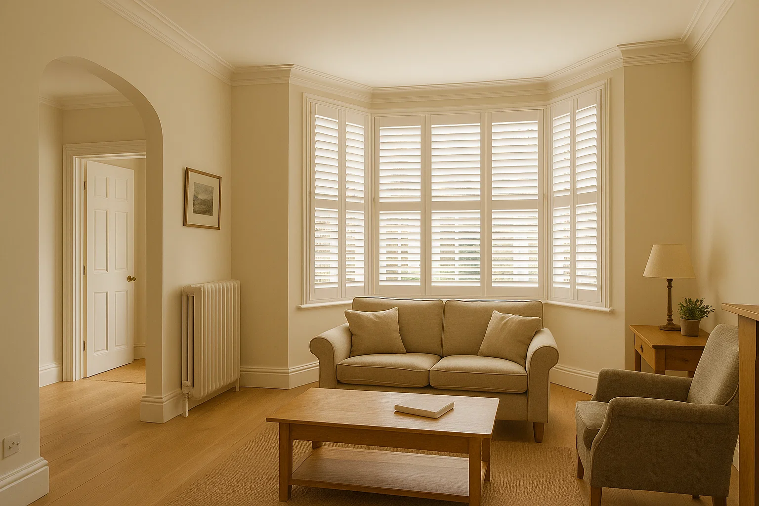 Warm off-white walls paired with white plantation shutters in a UK home