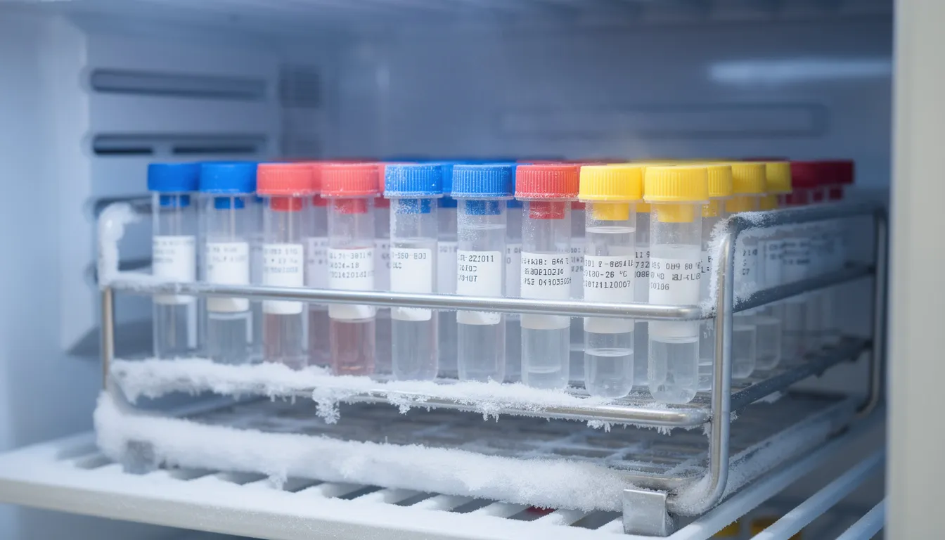 The image shows a laboratory freezer rack filled with cryovials containing peptide aliquots, essential for research and analysis. Each vial holds peptide solutions that may include various amino acids and derivatives, ensuring high purity and stability for long-term storage.
