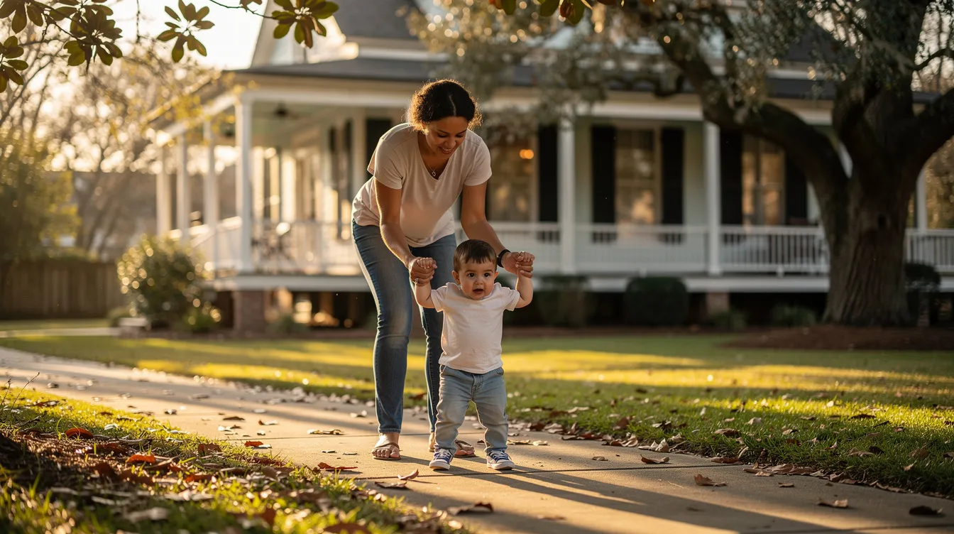 A parent is gently assisting their child as they walk outside their Louisiana home, showcasing a moment of support and encouragement in daily activities. This scene highlights the importance of family involvement for children, especially those who may be eligible for disability benefits, ensuring they receive the care and assistance they need.