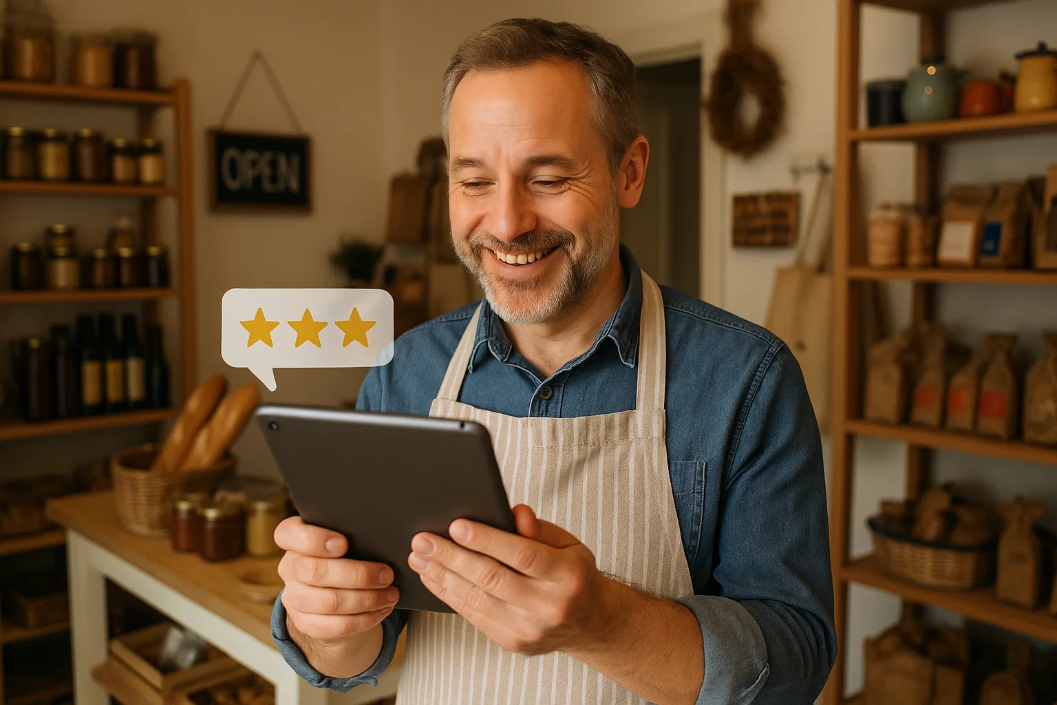 Small business owner reading online customer reviews on a tablet in their shop.