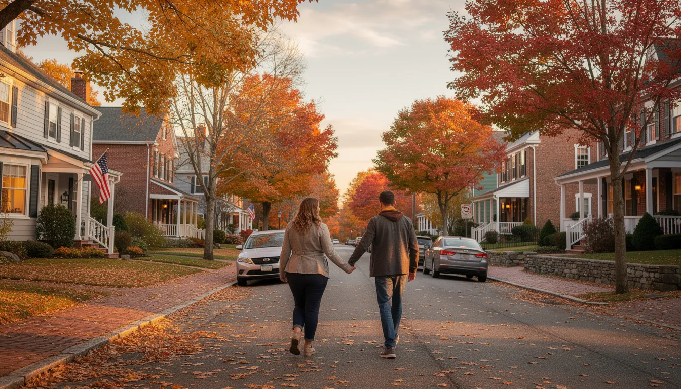 A couple strolls hand in hand through a picturesque New England neighborhood, surrounded by vibrant fall foliage. This charming scene reflects the appeal of off market homes in Connecticut, attracting real estate investors and buyers interested in unique properties amidst the seasonal beauty.