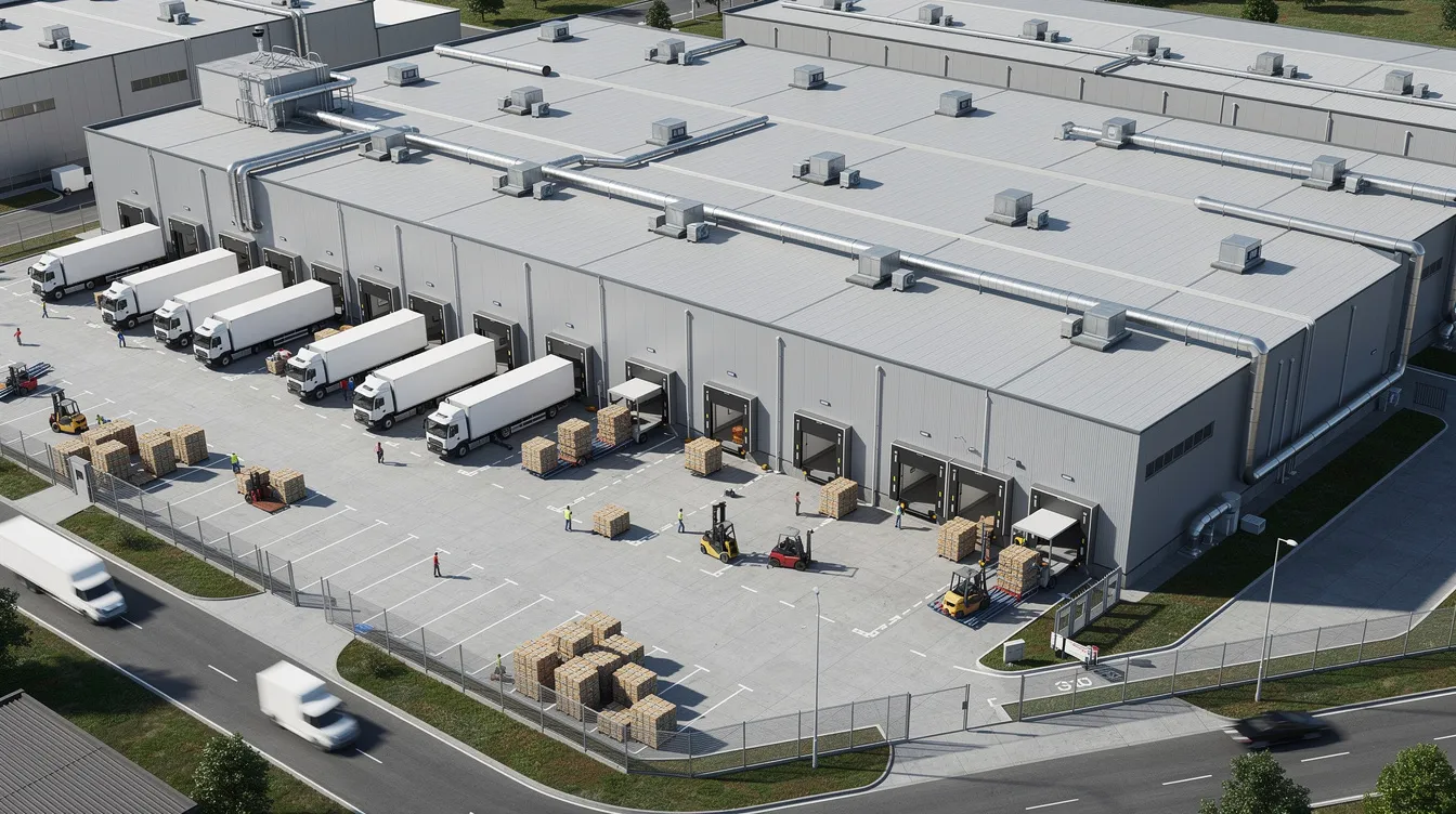 The aerial view showcases an industrial ice cream production plant featuring multiple loading docks and refrigerated trucks, essential for the efficient transportation of bulk ice cream. The facility is equipped with large industrial ice cream equipment, indicating a complex manufacturing process focused on food safety and quality.
