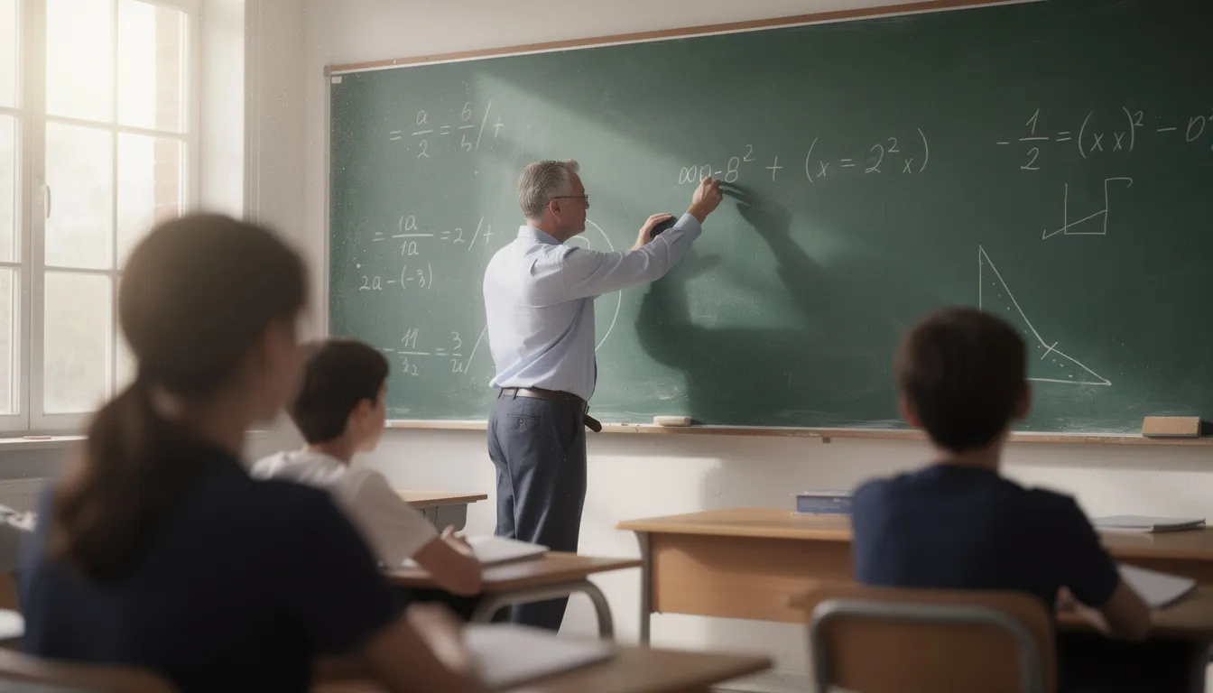 Ein Lehrer steht an einer Tafel und erklärt den Schülerinnen und Schülern verschiedene Aufgaben im Unterricht. Die Lehrkraft demonstriert dabei wichtige Kompetenzen, die für eine erfolgreiche Ausbildung und das Lernen in der Schule erforderlich sind.