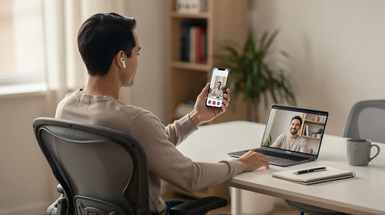 A person is sitting at a desk, using a smartphone with earbuds for an international video call. The setting suggests a connection to the Netherlands, with a focus on communication across western Europe, including cities like Amsterdam and Utrecht.
