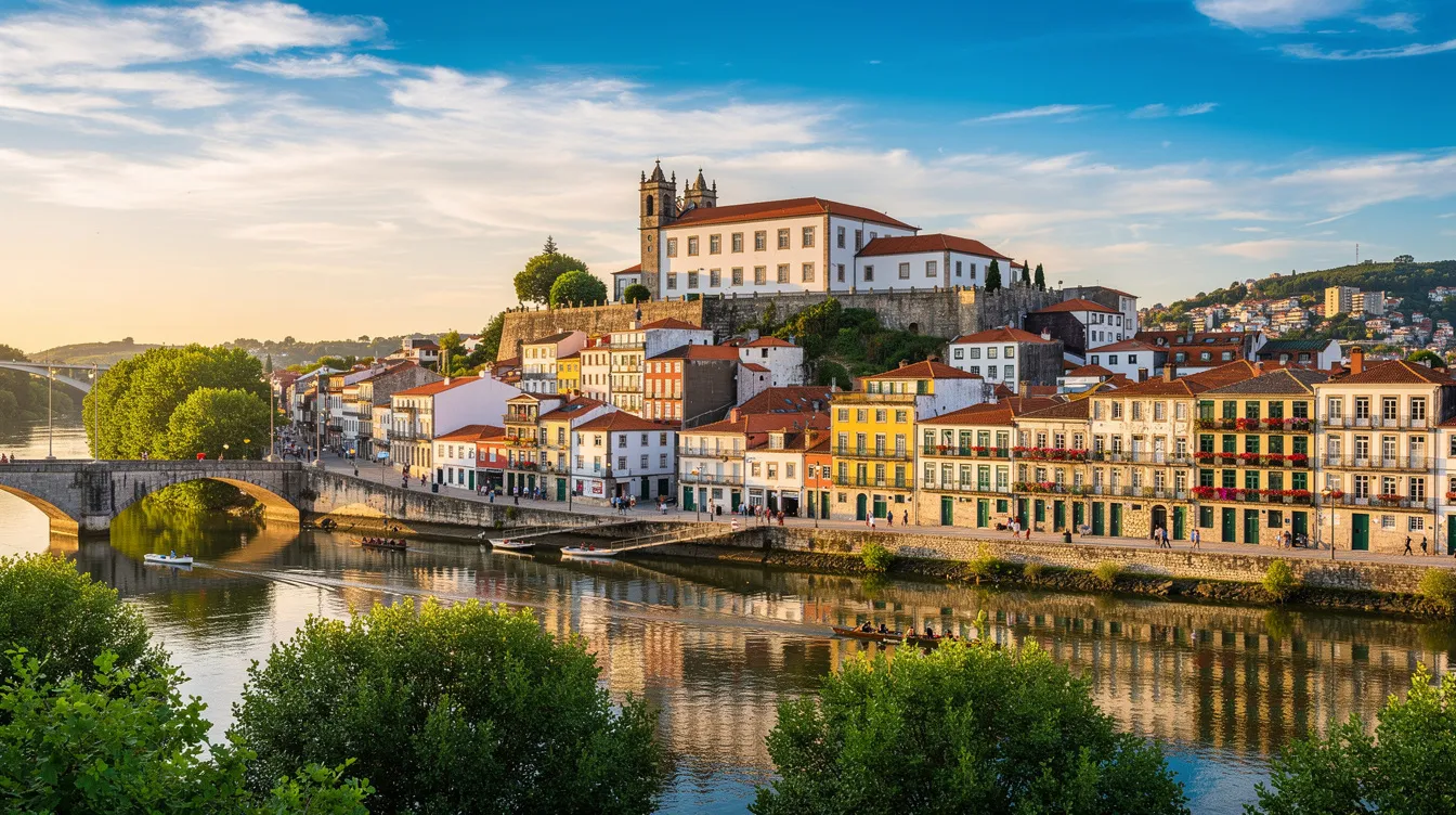 A imagem retrata uma bela vista de Coimbra, Portugal, durante o verão, com suas colinas verdejantes e o centro histórico da cidade ao fundo. É possível ver a câmara municipal e as ruas charmosas, que atraem visitantes em busca de uma experiência cultural rica.