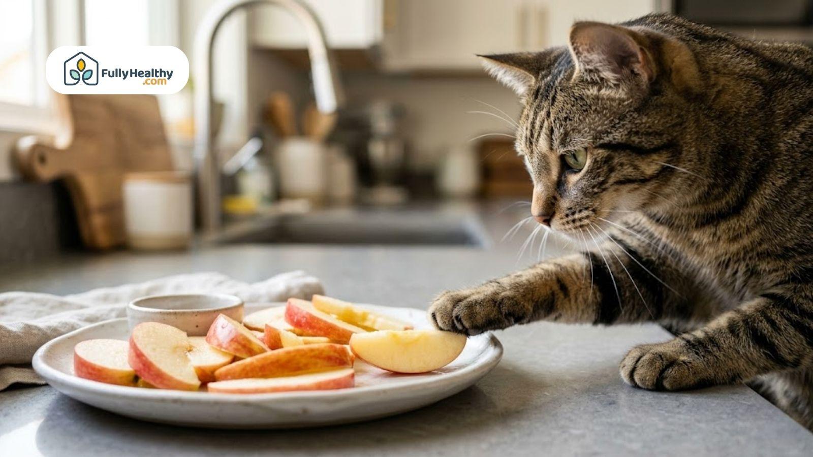 Tabby cat touching sliced apples on a plate in a bright kitchen.