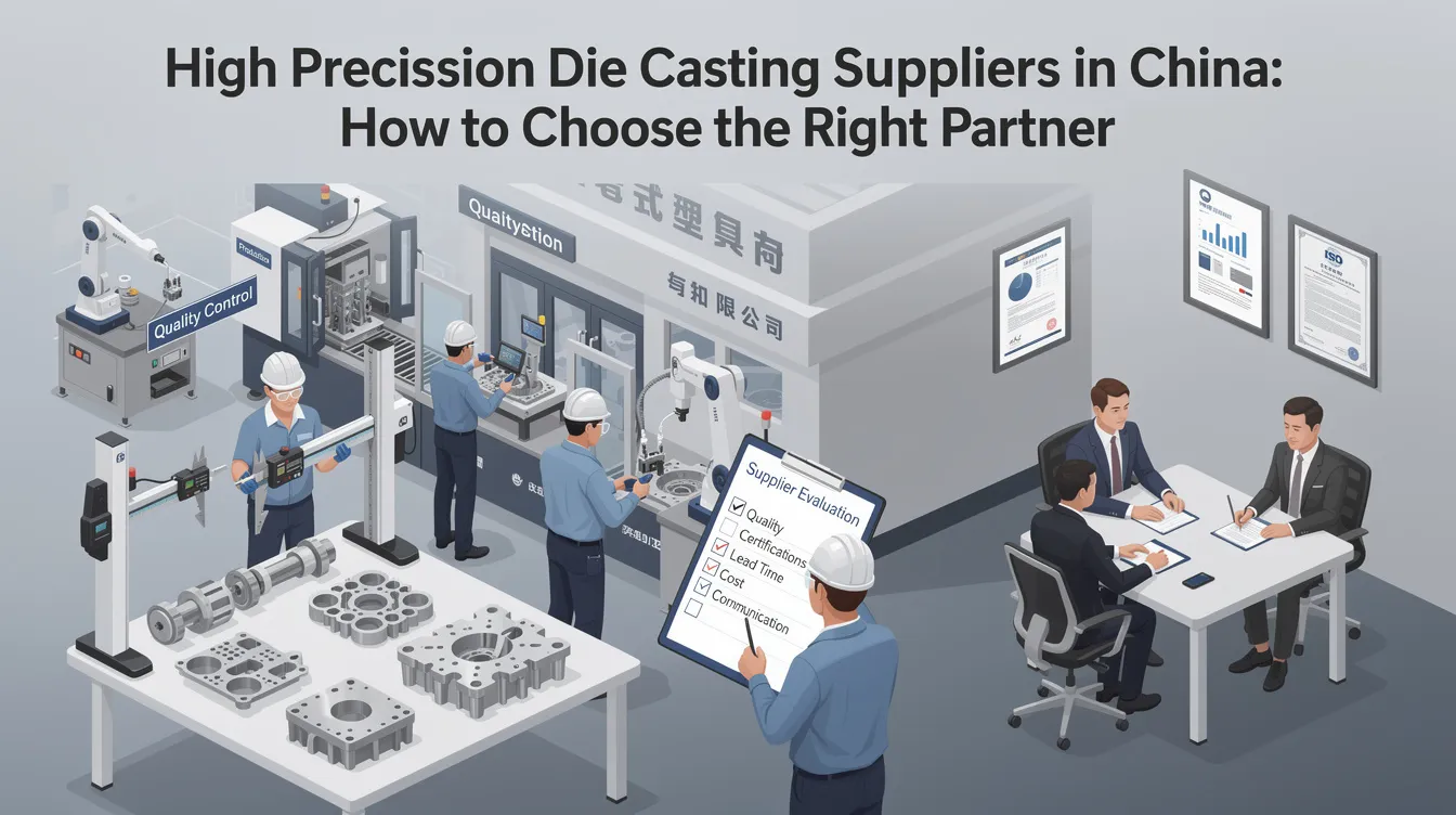 The image illustrates a modern factory setting where high precision die casting takes place, showcasing various casting machines and equipment used in the aluminum die casting process. It highlights the advanced technology and industrial equipment employed by die casting suppliers in China to produce high-quality aluminum die casting parts and components.