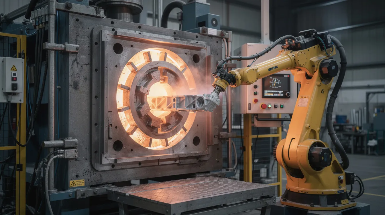 An industrial die casting machine is shown with a robotic arm skillfully removing a freshly cast aluminum part from an open die, illustrating the advanced technology and precision involved in the aluminum die casting process. This scene highlights the efficiency of casting machines used in the aluminum die casting industry.