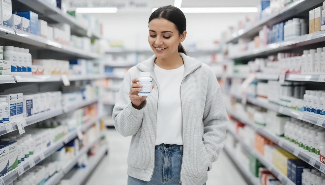 A person is seen holding a dietary supplement bottle while shopping in a pharmacy aisle, examining the product's label for nutrition information and health claims. The setting highlights the importance of informed choices in the dietary supplement industry for overall health.