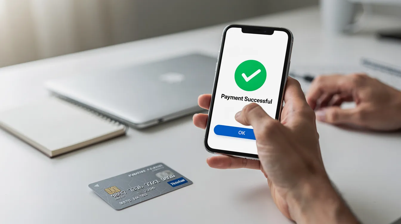 A person is holding a smartphone that displays a payment confirmation screen, while a credit card rests on the desk beside them. This image illustrates the convenience of using a crypto payment gateway for processing transactions in the digital economy.