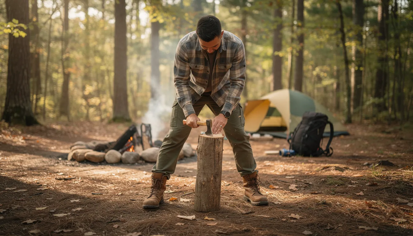 A person dressed in outdoor clothing is skillfully splitting a small log with a hatchet at a wooded campsite, where a fire ring is visible in the background. This scene captures the essence of camping gear in action, showcasing essential tools for outdoor adventures.