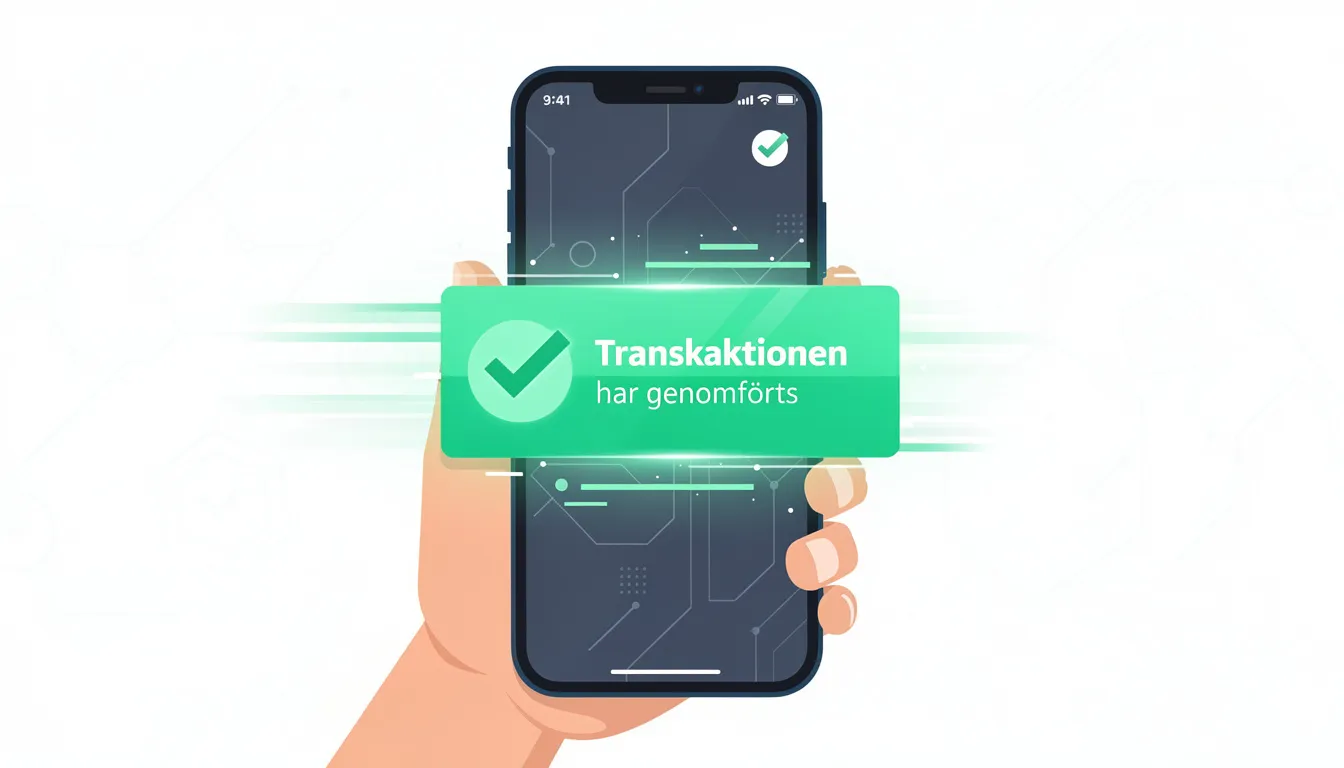 Illustrationen visar en snabb digital transaktion med ett grönt bekräftelsemeddelande som indikerar en lyckad insättning med Trustly. Detta symboliserar smidiga och säkra insättningar och uttag hos casinon med Trustly, vilket gör det enkelt för spelare att börja spela.