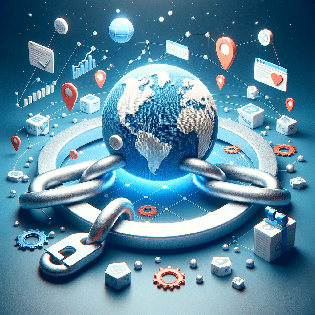 Ilustración explicativa de backlinks con enlace de cadena, red de sitios y flujo global. | Posiciona.Digital