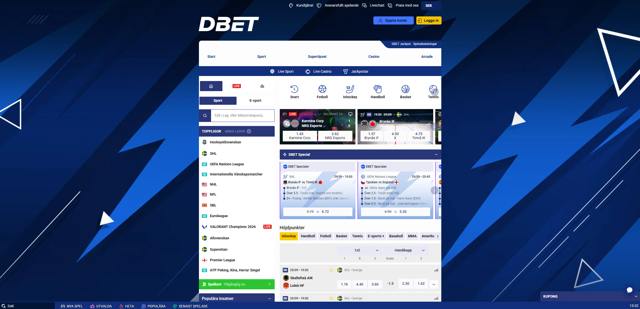 DBET:s sportsbook med odds på bland annat ishockey, fotboll, tennis, basket och e-sport.