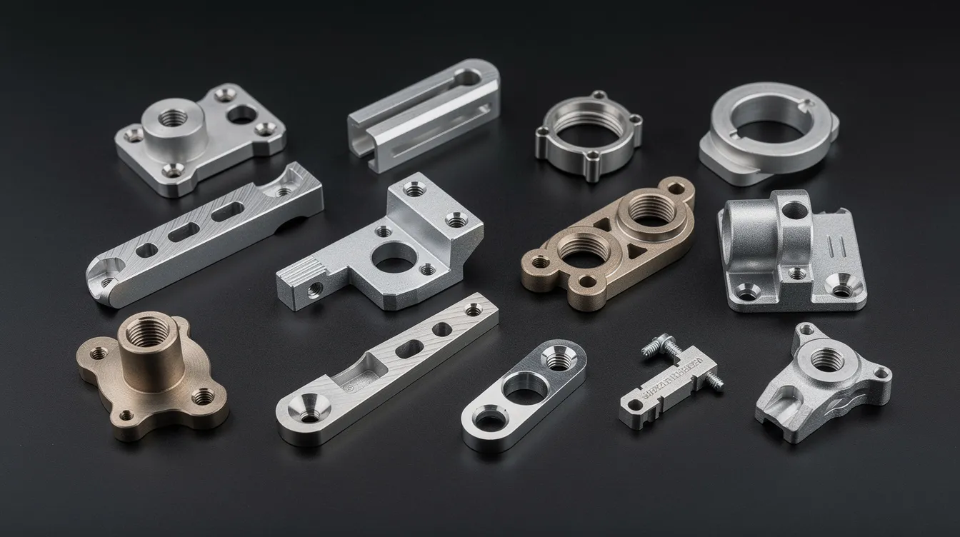 An array of precision CNC milled aluminum and stainless steel parts is displayed on a dark surface, showcasing various functional parts that highlight the accuracy and capabilities of CNC machining. The arrangement emphasizes the quality and performance of these materials, making them an excellent choice for production and design projects.