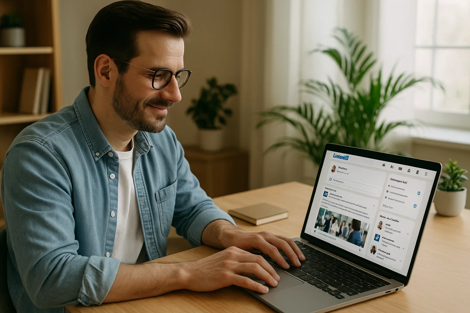 Small business owner using LinkedIn on a laptop to promote their services for free.