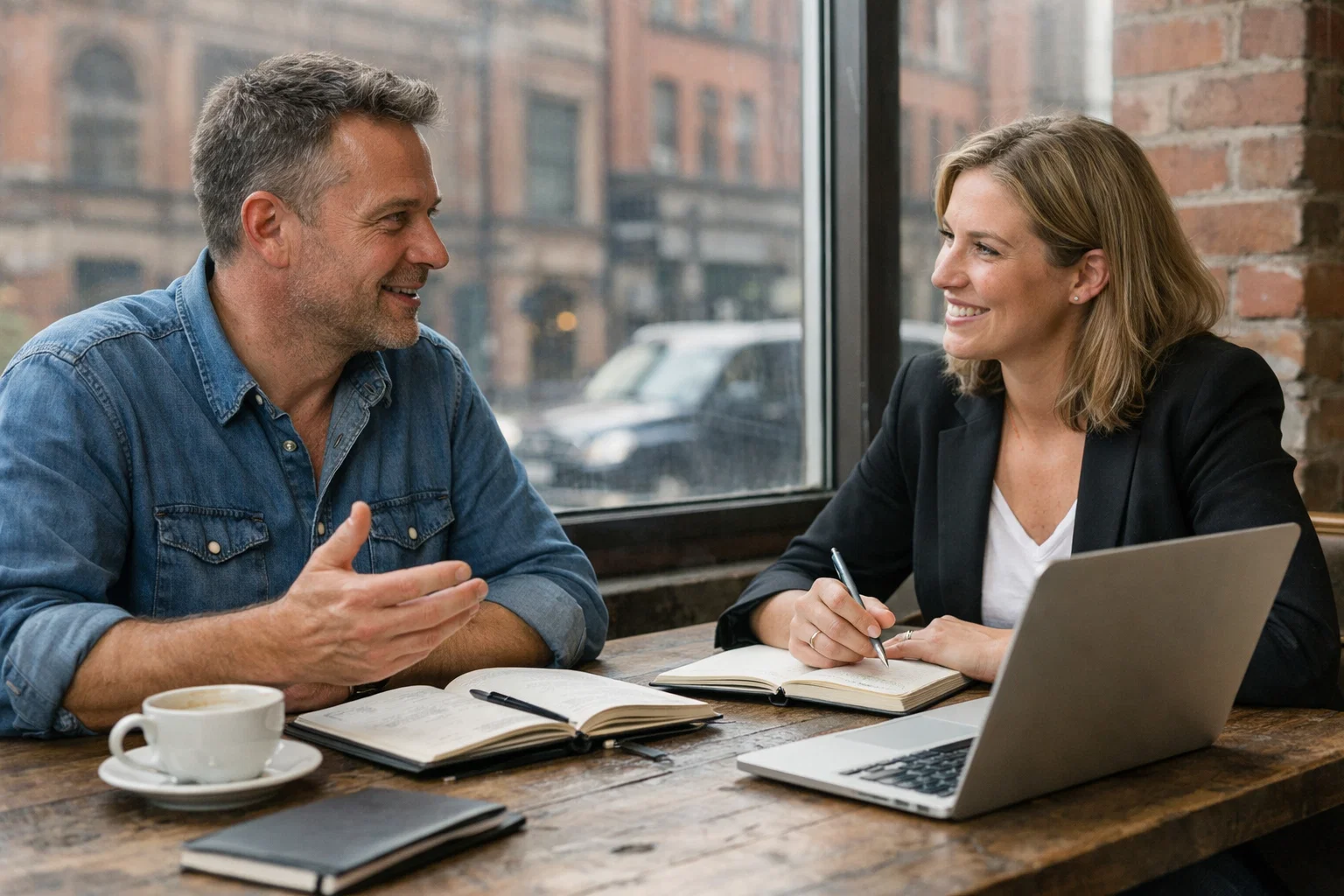 Business owner discussing PPC services with a Manchester PPC agency consultant.