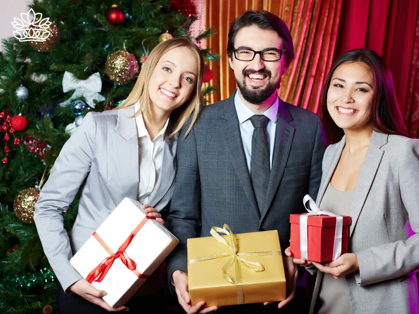 Three cheerful colleagues in business attire exchanging Christmas gifts in front of a beautifully decorated tree, symbolizing team spirit and festive generosity. Fabulous Flowers and Gifts. Team Gifts. Delivered with Heart.
