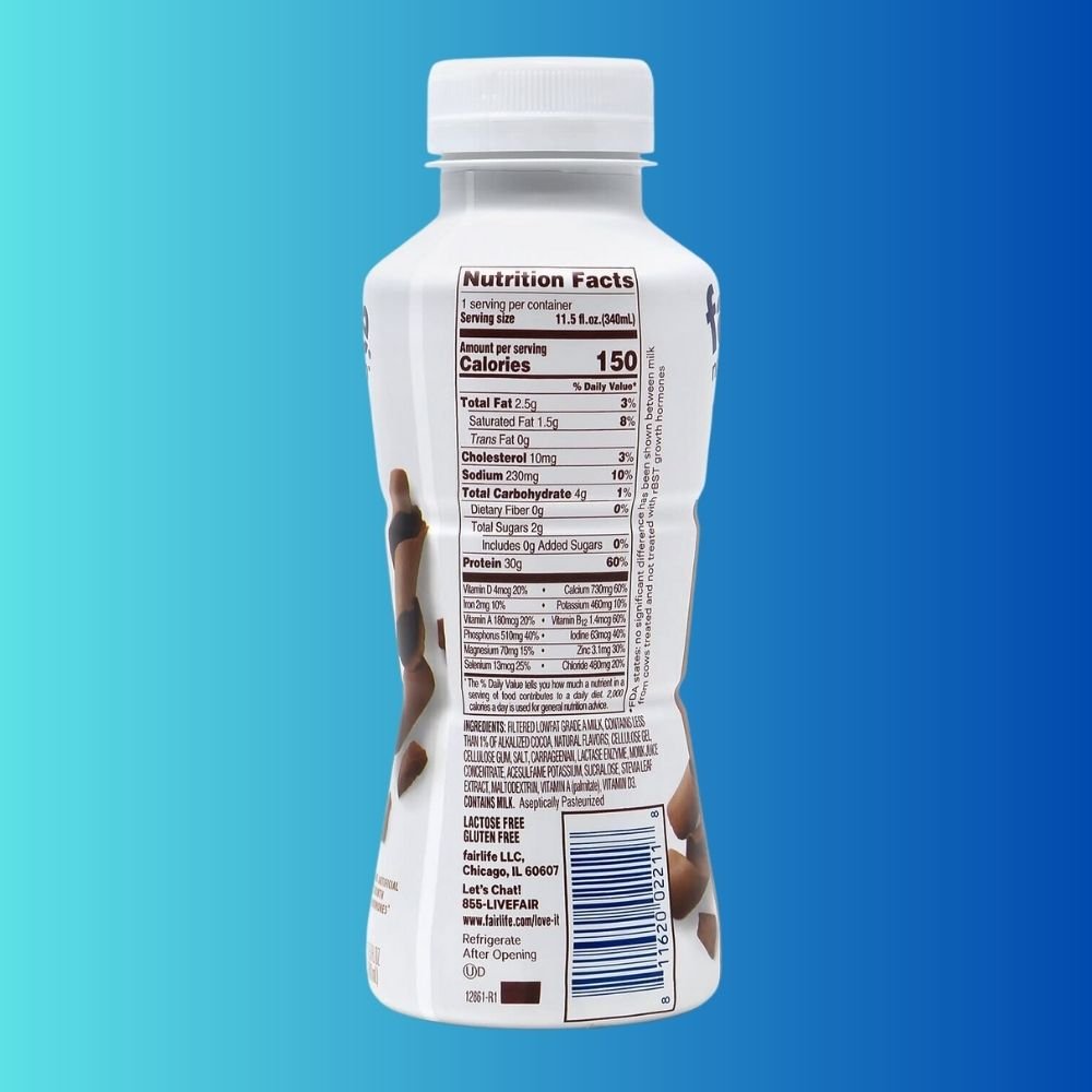A picture of a Fairlife protein drink bottle with the label clearly visible. The label raises the question, are Fairlife protein drinks good or bad?