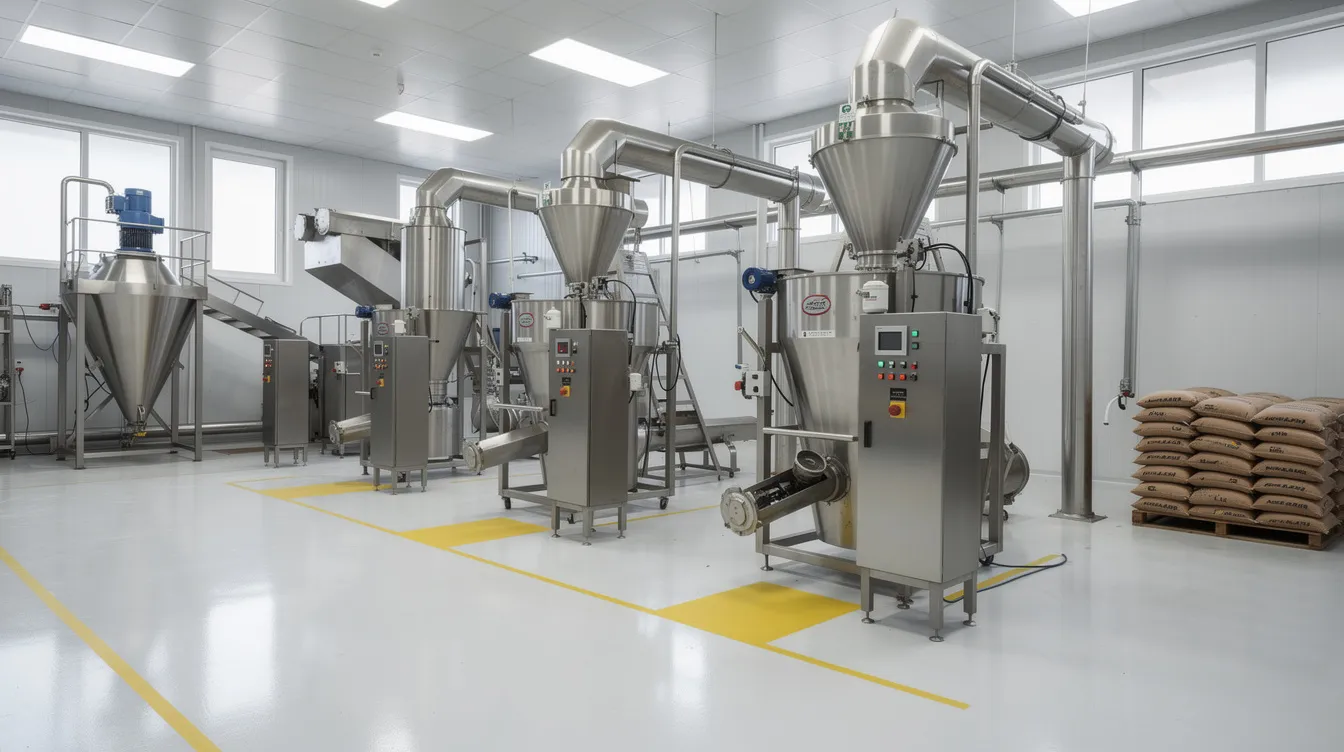 696d7a76 d2ca 4dcd aac2 1b2f248f3e13 The image shows industrial grain grinding machinery situated on a clean food processing factory floor, designed for producing fine besan from chana dal. The equipment includes a grinding chamber that efficiently processes raw materials into a uniform particle size, ensuring high product quality for the food processing industry.
