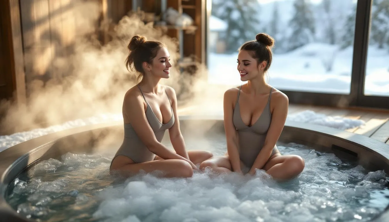 The image shows a couple of women enjoying a cold plunge tub filled with ice-cold water, engaging in cold water immersion therapy for its many health benefits, including improved blood flow and reduced muscle soreness. They appear relaxed and focused, highlighting the positive effects of cold exposure on physical and mental health.