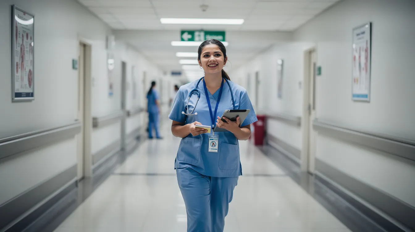 A young medical trainee is walking through a hospital hallway, showcasing their readiness for clinical training and education in various areas of healthcare. The trainee is dressed in professional attire, indicating their commitment to developing valuable skills in a challenging medical environment.
