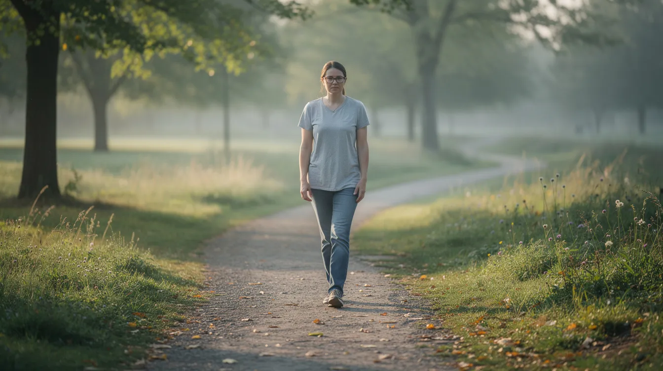 A calm person is walking along a quiet path surrounded by nature, symbolizing the early stages of addiction recovery. This serene scene reflects the importance of mental and physical health in overcoming addiction and managing withdrawal symptoms while fostering a sense of well-being.