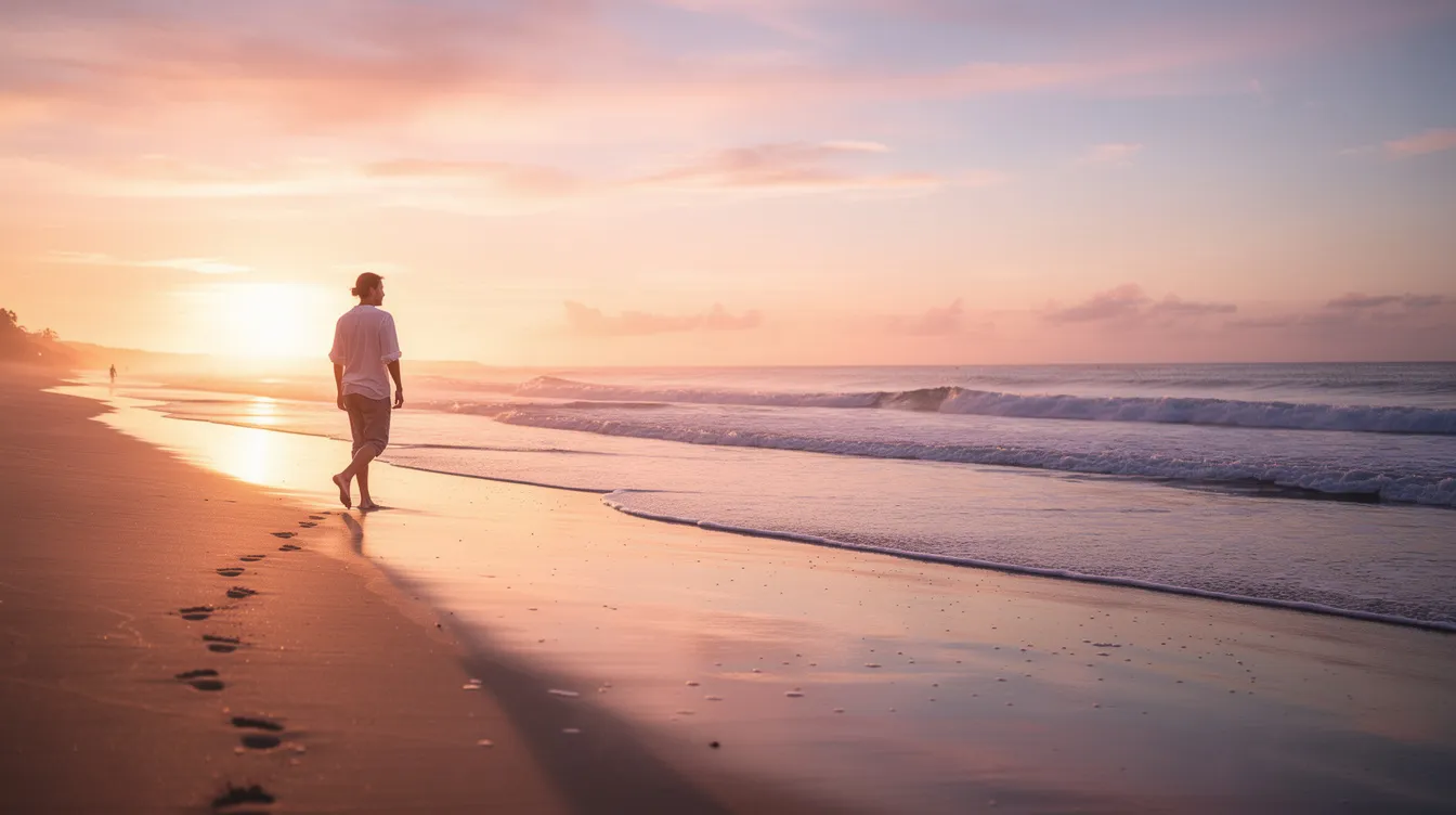 A person is walking along a serene beach at sunrise, with gentle waves lapping at the shore. This peaceful scene highlights the importance of well-being and mental health, encouraging individuals to explore nature as a form of support and coping for mental health conditions.