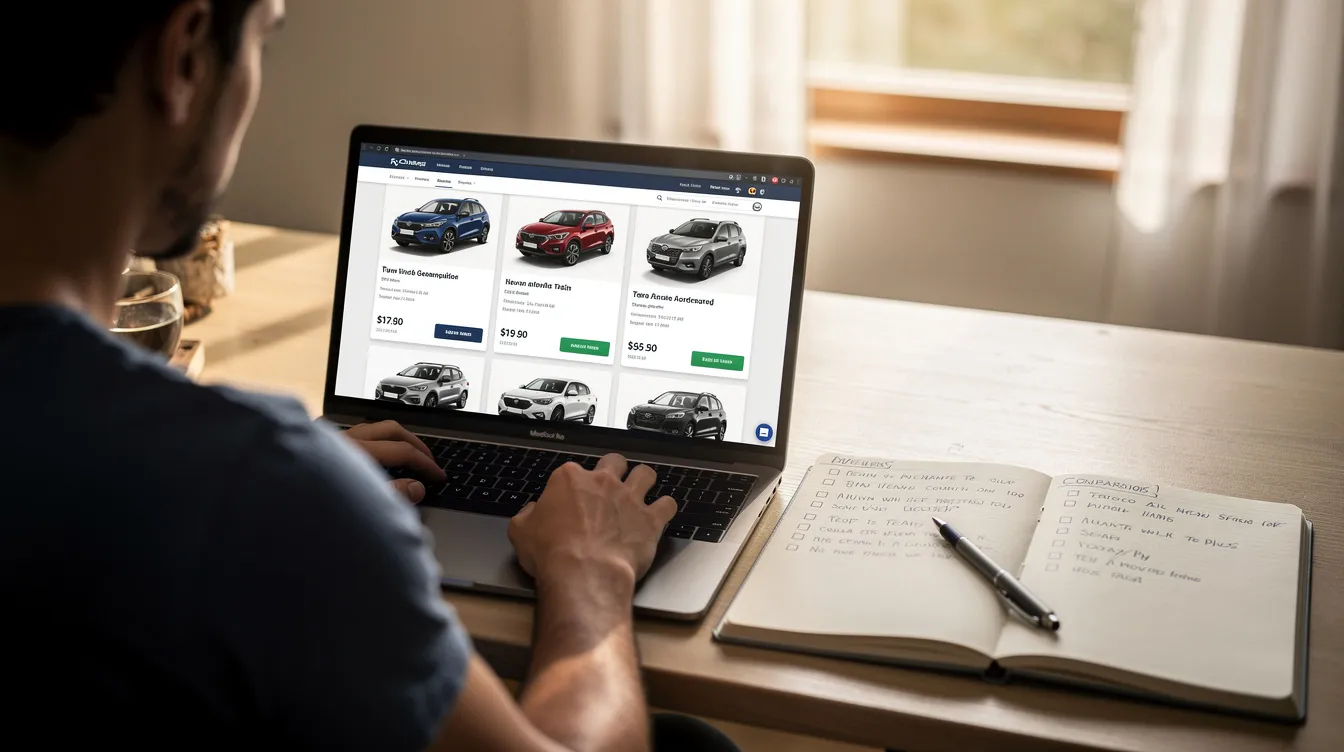 A person is sitting at a desk, comparing used car listings on their laptop while taking notes in a notepad beside them. This scene reflects the process of car shopping, emphasizing the importance of finding the best deal and understanding market trends in used vehicle prices.