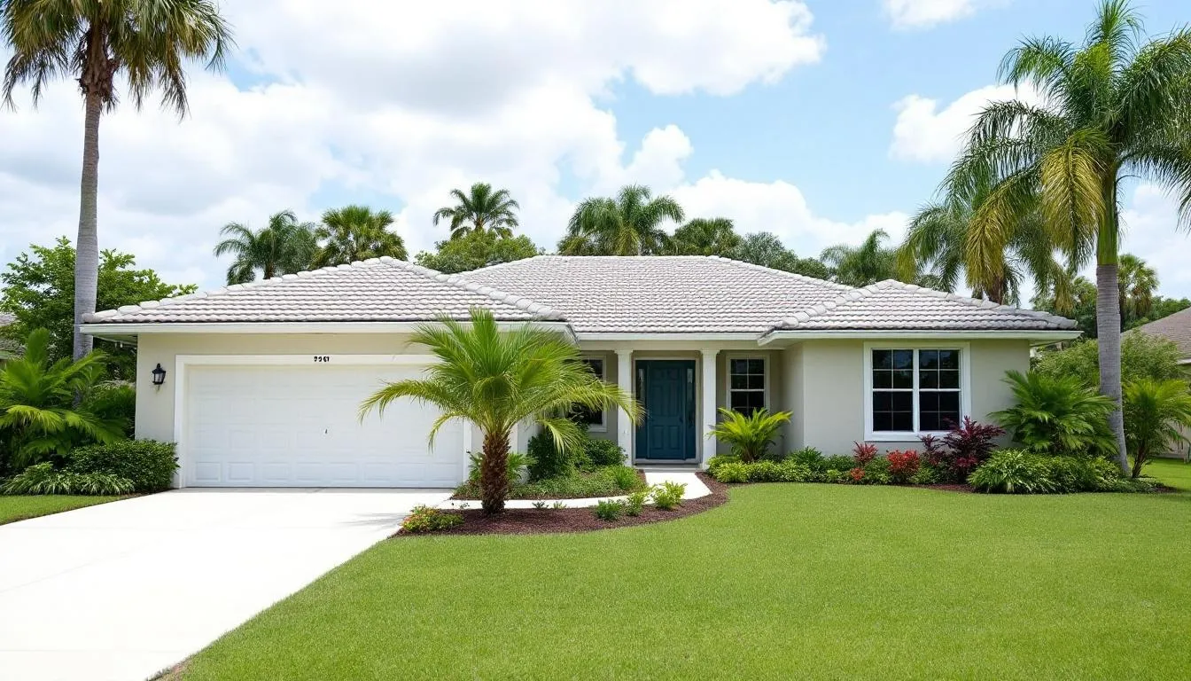 The image depicts a traditional Florida ranch-style home surrounded by lush, mature landscaping and tall palm trees, typical of the Fort Myers Shores area. This inviting property highlights the charm of Florida living, making it an attractive choice for prospective properties consumers interested in real estate in Fort Myers, FL.