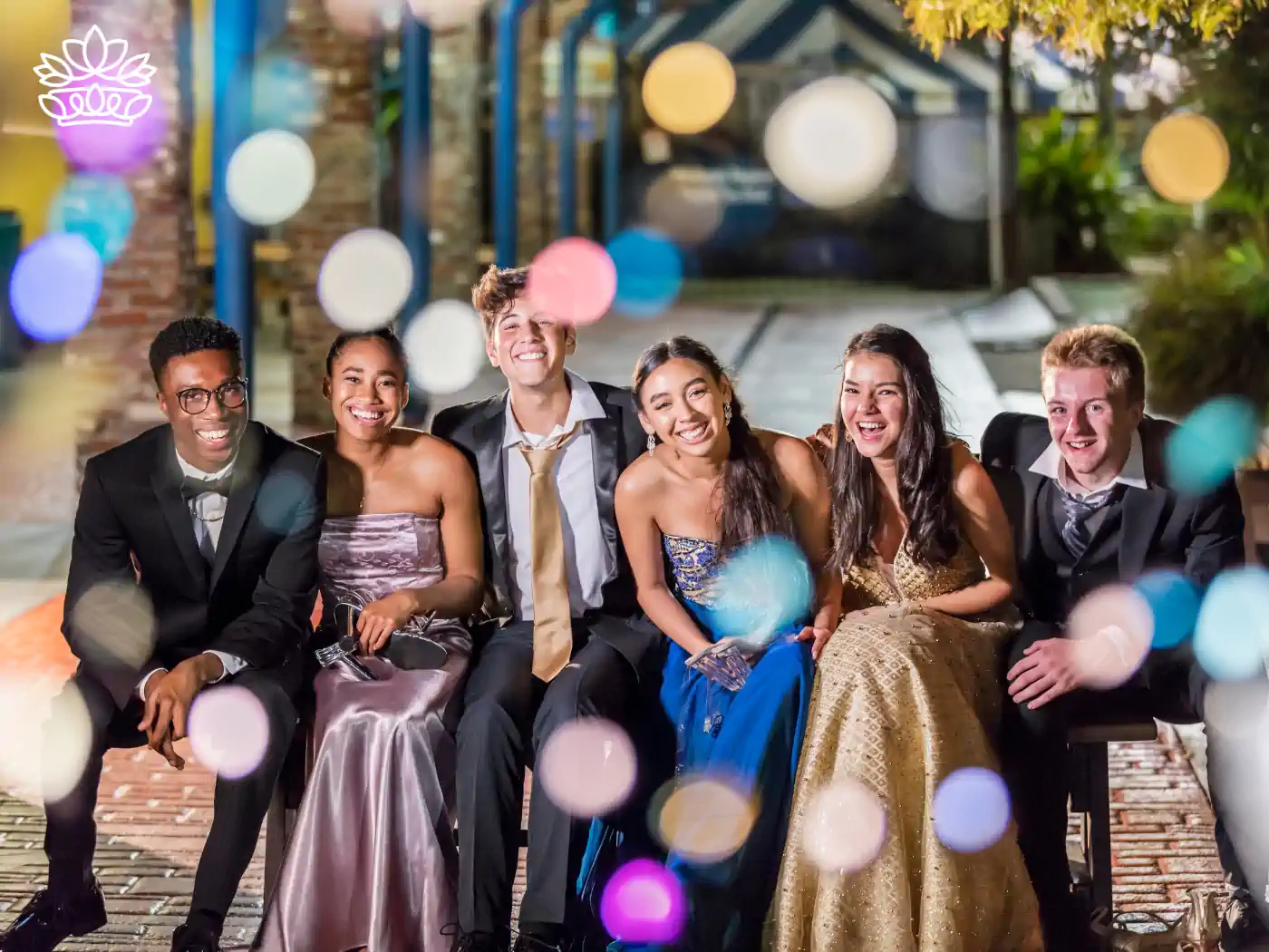 A group of five joyful teenagers dressed in formal attire, laughing and enjoying their matric dance evening outdoors. The scene is beautifully illuminated by colorful bokeh lights, creating a festive and magical atmosphere. Fabulous Flowers and Gifts - Matric Dance. Delivered with Heart.