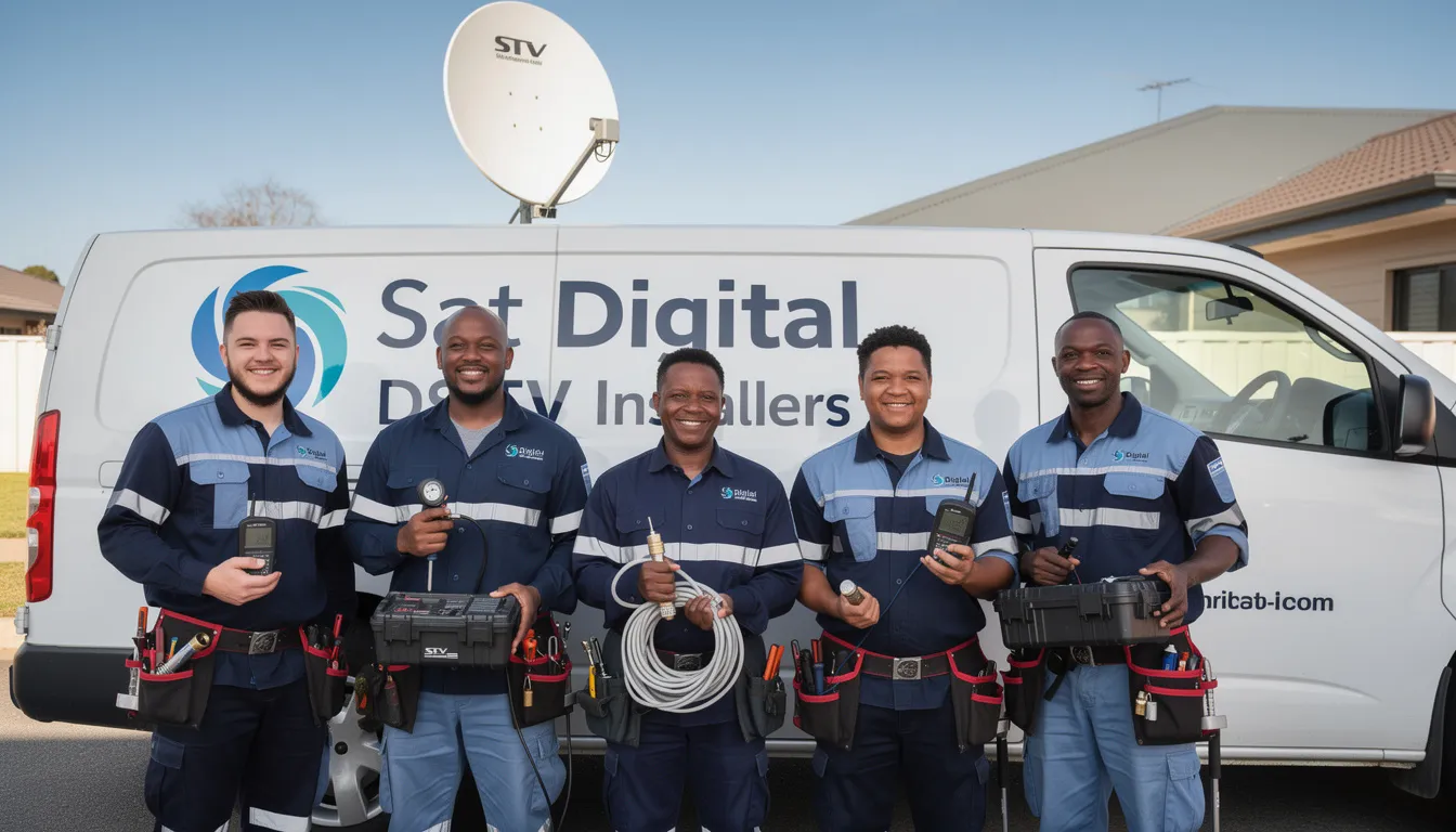 The image features Sat Digital's team of skilled technicians in George, specializing in DSTV installations. They are equipped to provide quality installation services for DSTV systems, including dish installation and decoder setup, ensuring reliable entertainment for their customers.