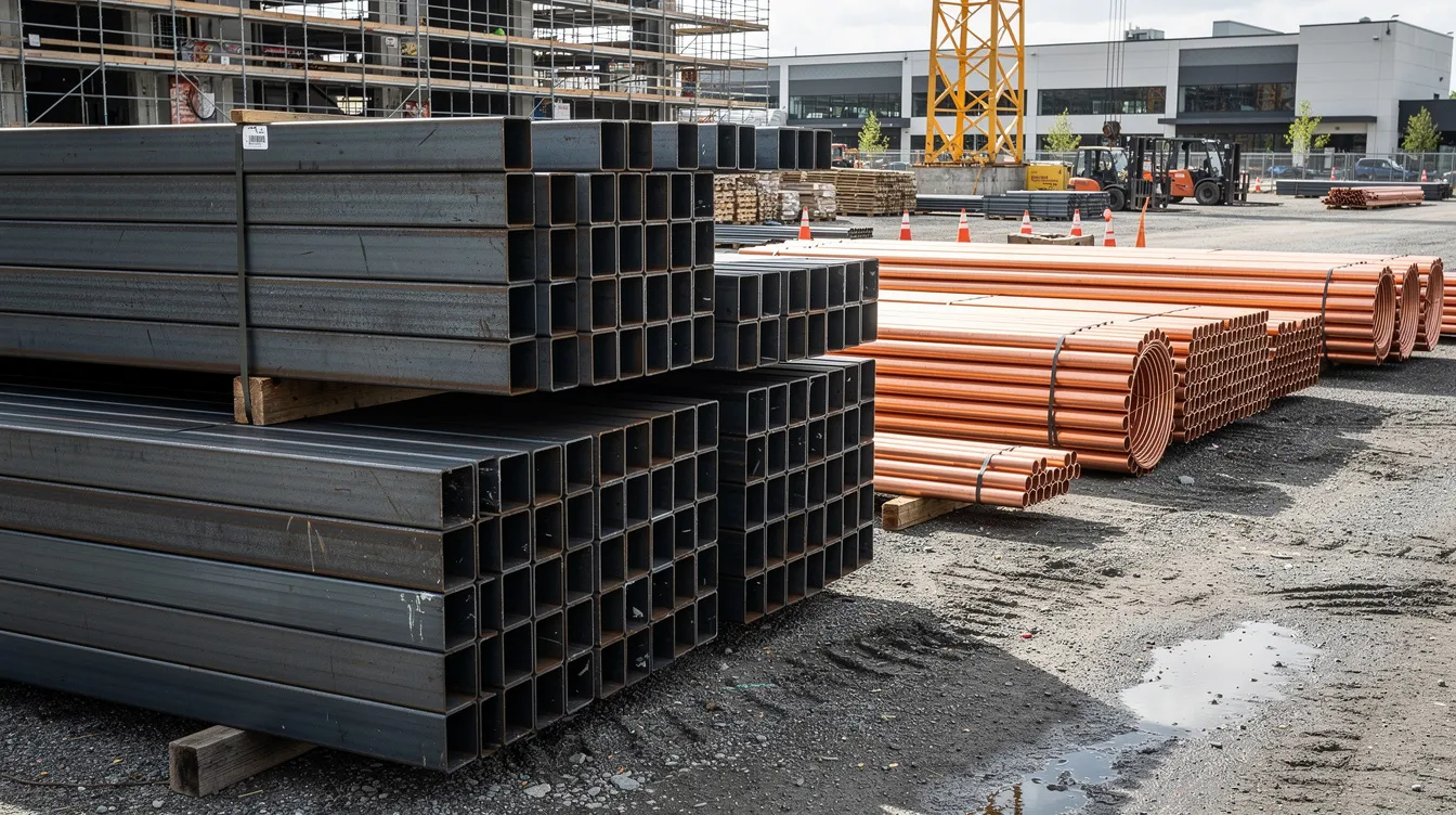The image shows a construction staging area filled with stacks of steel beams and copper piping, essential materials for commercial construction projects. This organized storage supports project managers in tracking actual costs and managing resources effectively, ensuring project specifications are met.