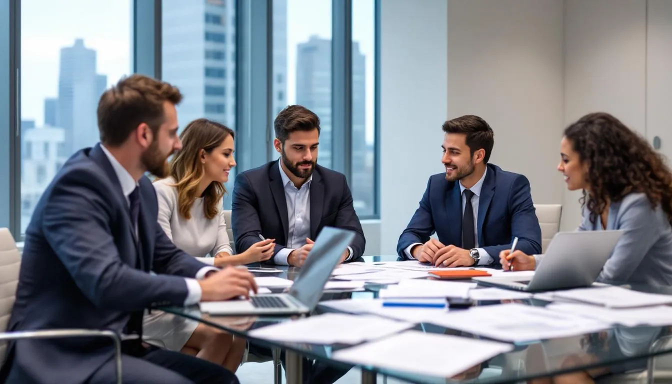 The image depicts a professional team gathered around a conference table, engaged in a discussion about business continuity planning. They are focused on strategies to ensure operational continuity and financial stability, including considerations for key person disability insurance to protect vital employees and mitigate the financial impact of unexpected disabilities.
