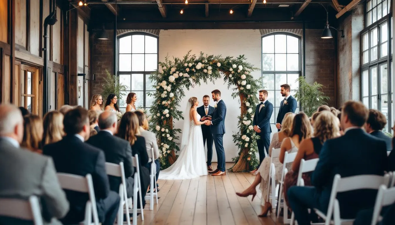 Eine elegante Hochzeitszeremonie findet in einem der besonderen Trauorte Mannheims statt, umgeben von Gästen, während das Brautpaar in festlicher Kleidung den Bund fürs Leben schließt. Der Trausaal, geschmückt und liebevoll vorbereitet, bietet eine romantische Atmosphäre für die Eheschließung.