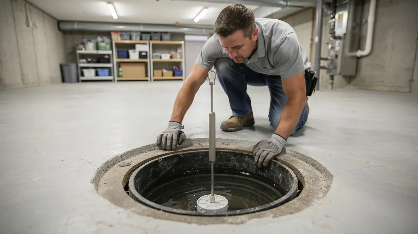 A homeowner is inspecting a sump pump pit in a well-lit basement, focusing on the float mechanism that controls the drainage system to prevent excess water buildup. The scene highlights the importance of regular maintenance to ensure the pump functions effectively and avoids potential issues like leaks or clogs.