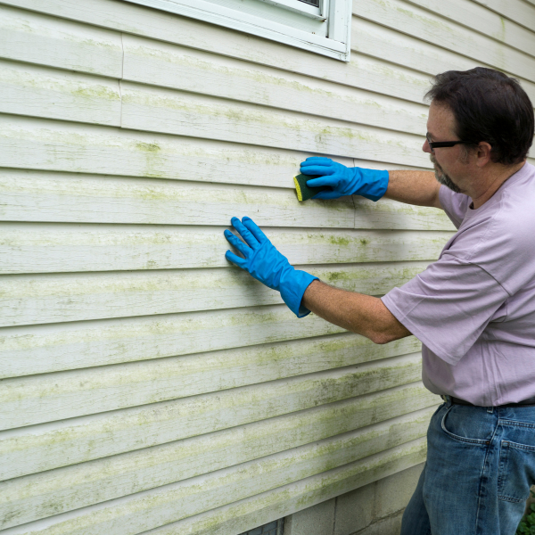 An image showing weather-related damage on house siding.