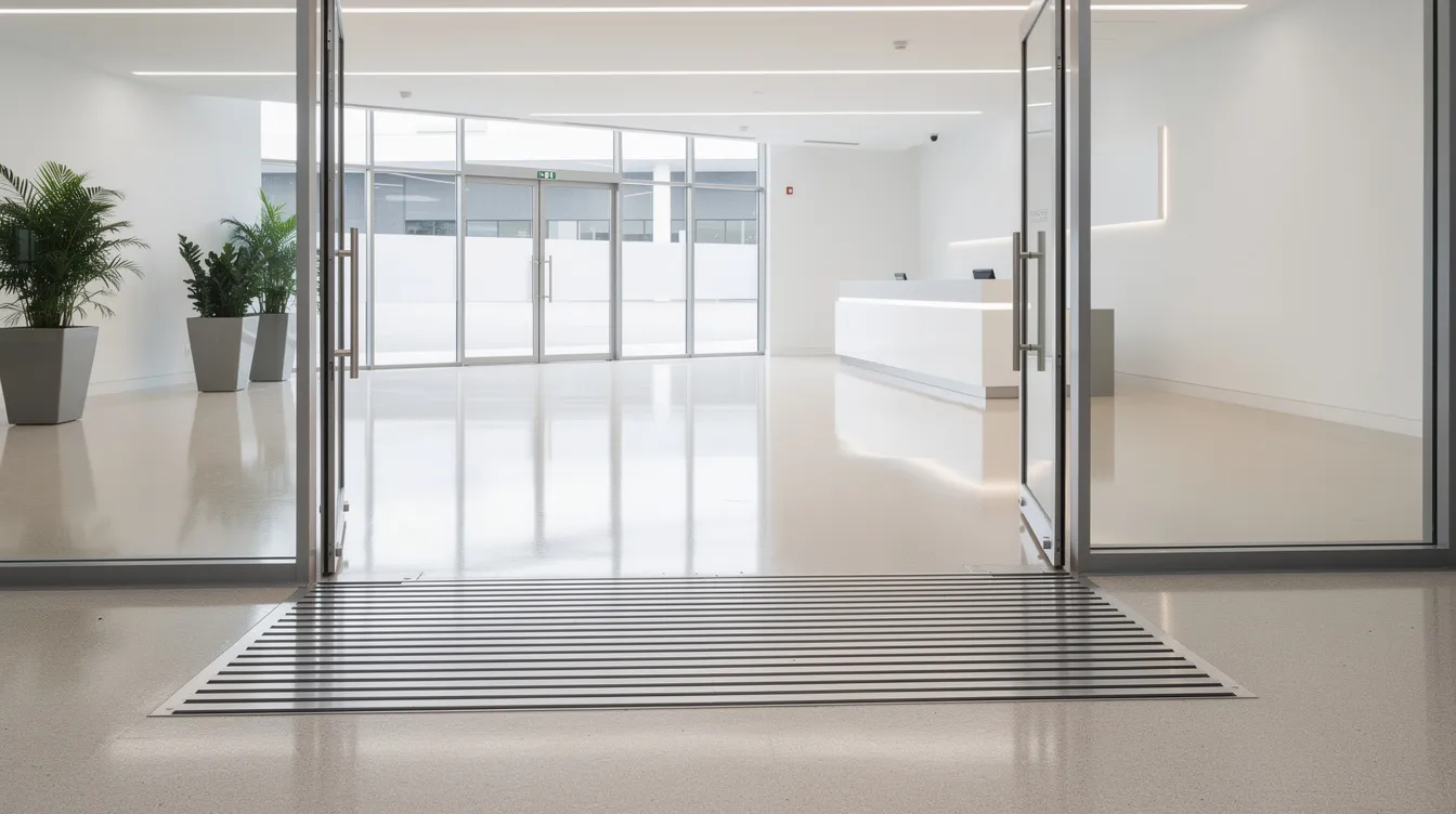 The image depicts a commercial building entrance lobby featuring recessed aluminium entrance matting that leads to a polished vinyl floor, designed for high foot traffic and durability in busy office settings. This flooring solution creates a welcoming impression for visitors while maintaining a practical and attractive appearance.