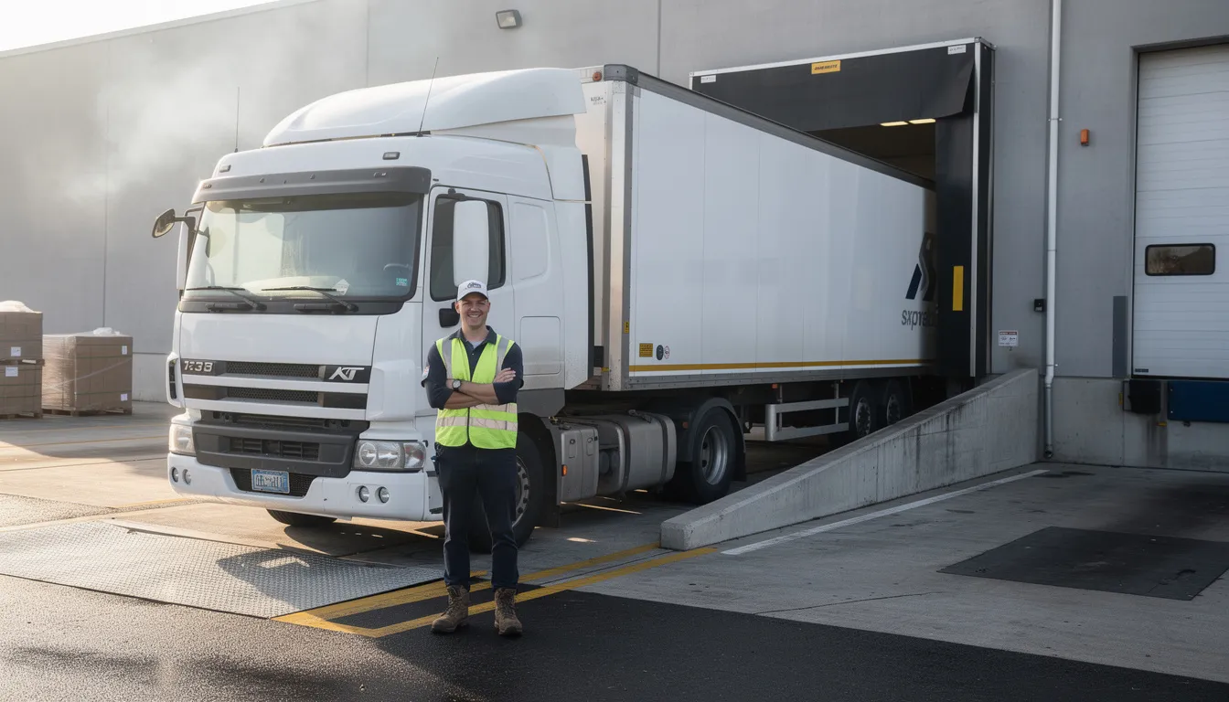 A commercial truck driver stands confidently next to a semi-truck at a loading dock, symbolizing a successful career change in the transportation industry. This image represents the new opportunities and challenges that come with transitioning to a lucrative career, appealing to job seekers looking for a fresh start in their professional life.