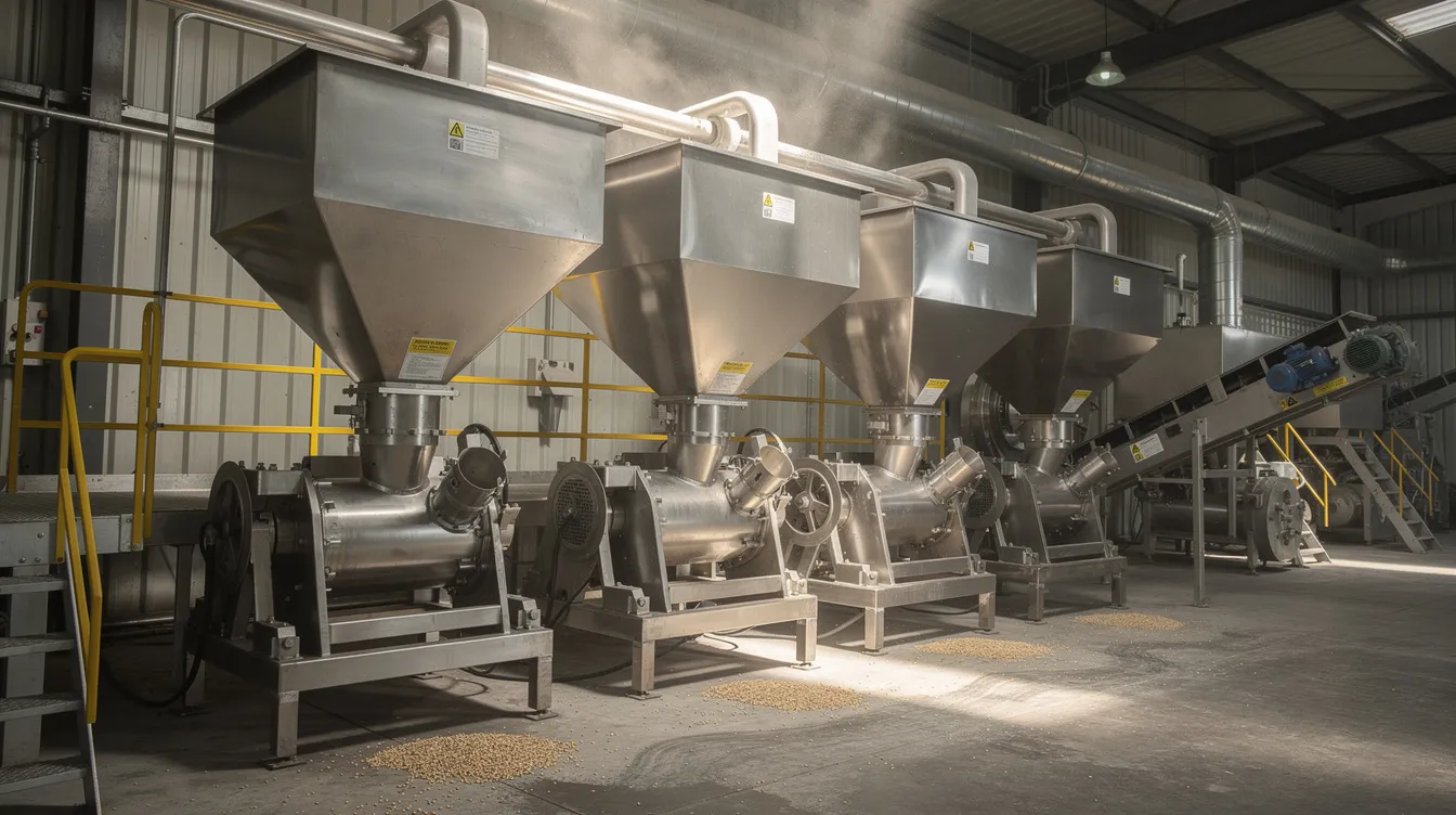 697d555c 98ff 4fe2 b83f c1d2e209a245 The image depicts industrial grain grinding equipment featuring large metal hoppers in a factory setting, designed for producing gram flour (besan) from raw materials like chana dal. This machinery is essential for the milling process, contributing to the output capacity of a besan plant, which plays a vital role in the flour mill industry in India.