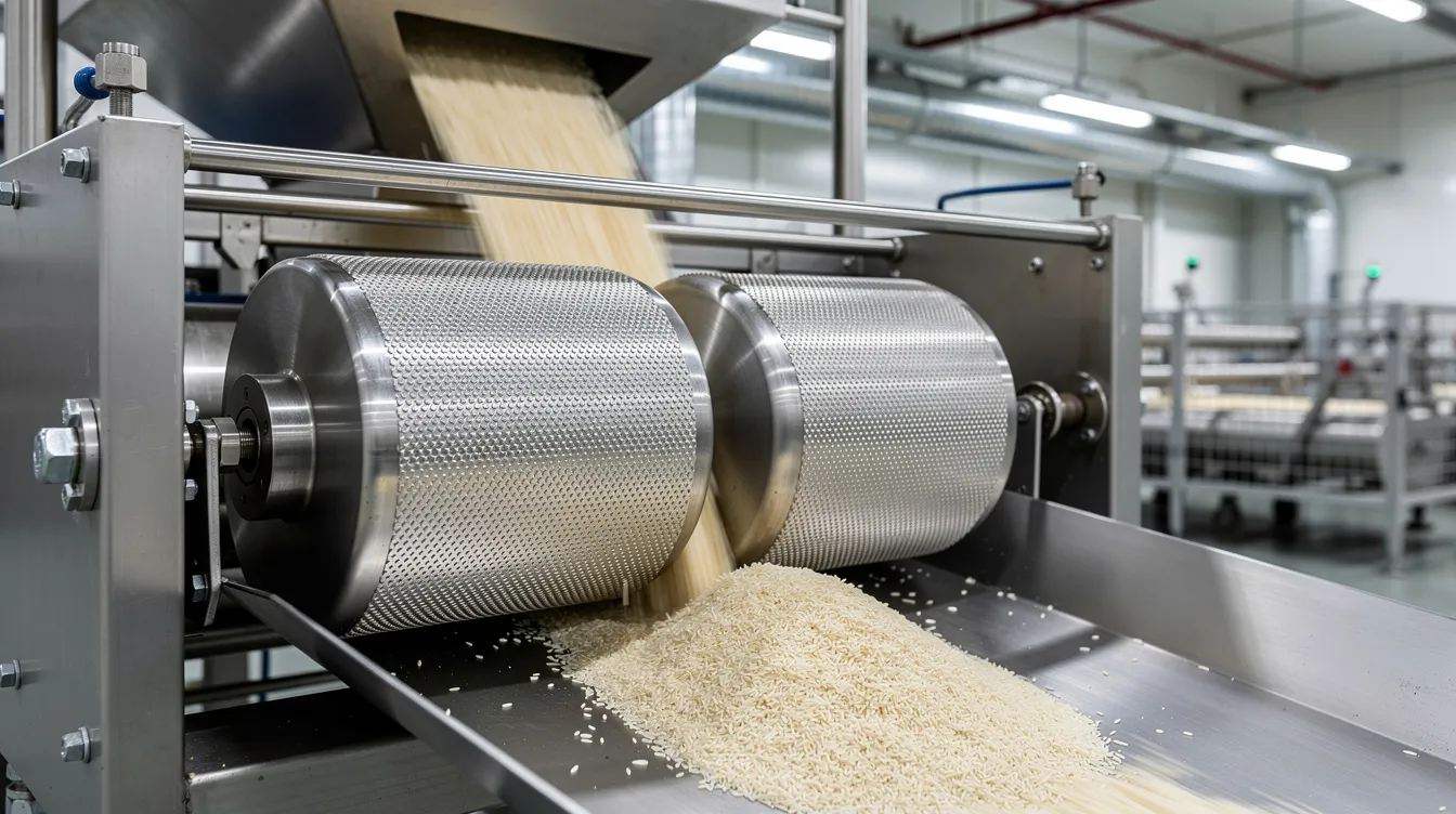 697d878a 9d01 46c8 a3bf d60664dabbac The image showcases industrial rice flaking rollers within a food processing factory, highlighting the machinery used in the production of poha. These machines are part of a larger poha making machine setup, emphasizing their role in the efficient processing of paddy into finished products.