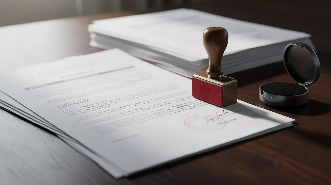 The image shows a collection of official documents and a rubber stamp resting on a wooden desk, symbolizing the application process for financial assistance such as a mudra loan. These documents may include a mudra loan application form, business registration details, and other essential paperwork needed for loan approval.