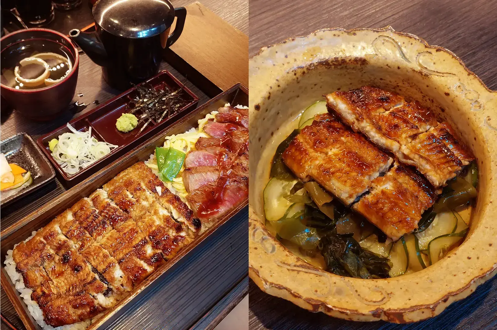 Collage showing grilled eel with condiments and tea, alongside a bowl of glazed eel served over vegetables.