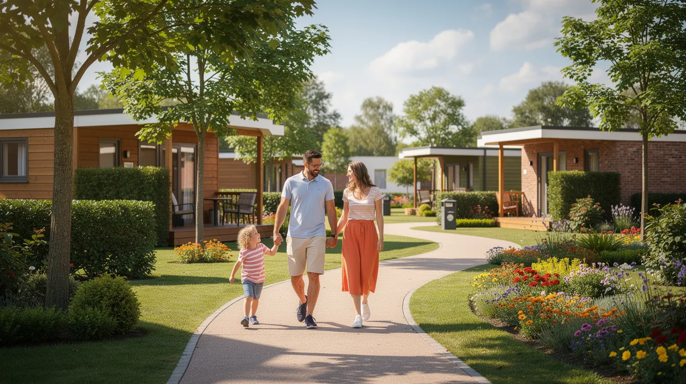 Een gezin wandelt samen over een pad tussen vakantiehuisjes in een groen vakantiepark, waarschijnlijk onderdeel van de Oostappen Groep vakantieparken. De kinderen lachen en rennen, terwijl de ouders ontspannen genieten van de natuur om hen heen.