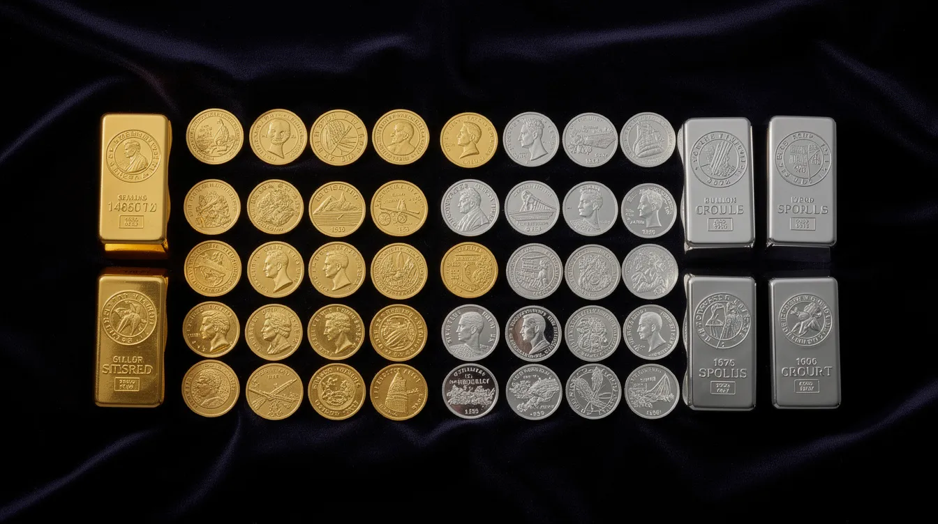 An arranged collection of gold and silver coins with silver bullion bars displayed on dark velvet