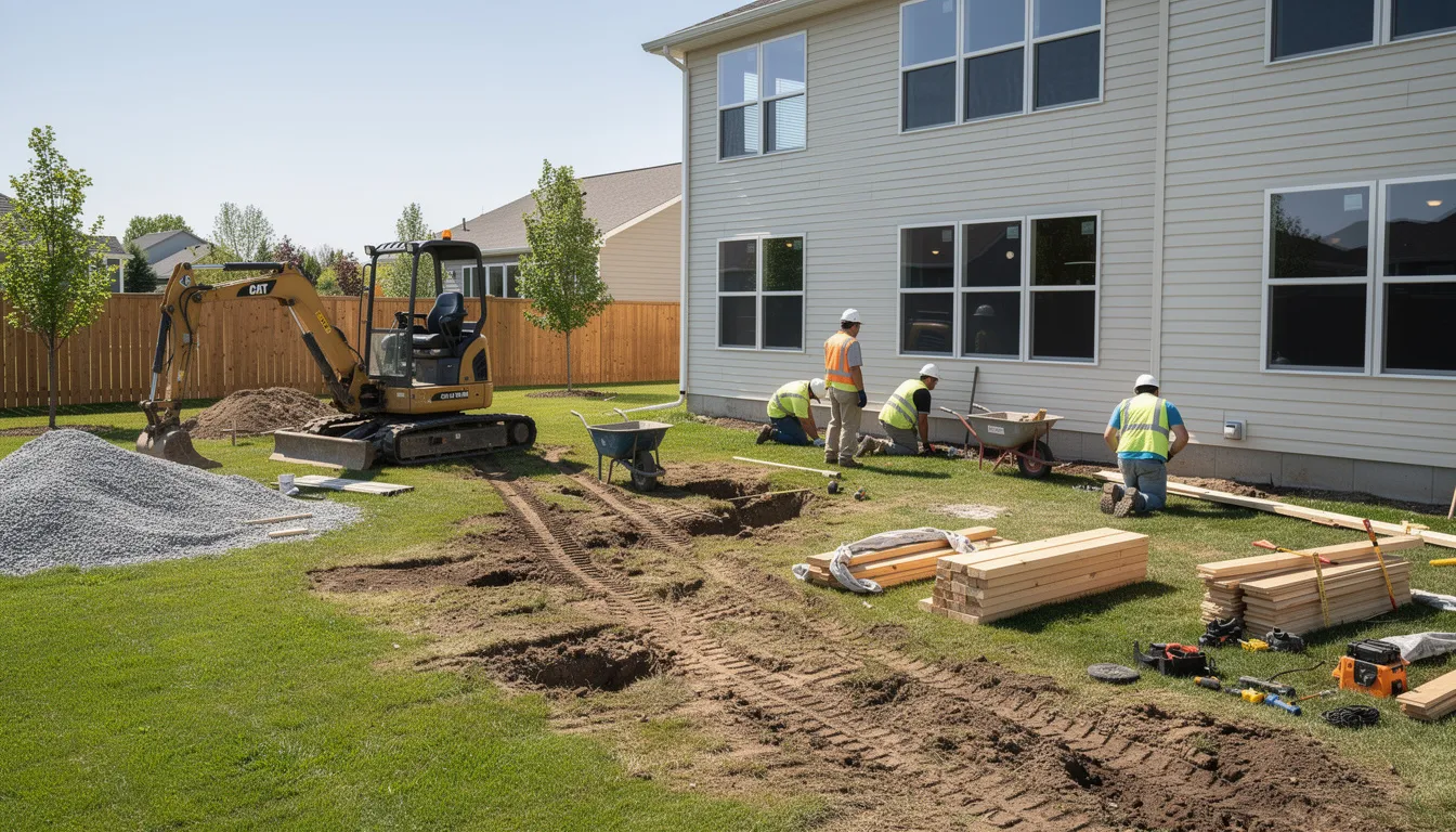 The image shows a residential yard where construction workers are engaged in sewer line repair, utilizing heavy equipment near a house. The scene highlights the ongoing work to address issues with the main sewer line, ensuring proper functioning of the home's plumbing system.