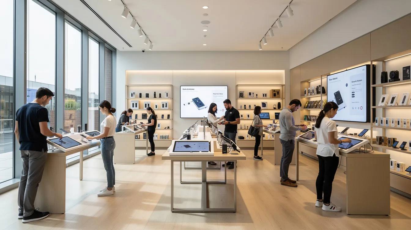 La imagen muestra el interior de una tienda moderna de « retail », con expositores interactivos en los que los clientes participan en demostraciones prácticas. Este enfoque experiencial marketing fomenta la fidelidad a la marca y crea vínculos emocionales a través de experiencias memorables, lo que pone de manifiesto ideas exitosas de activación de marca.