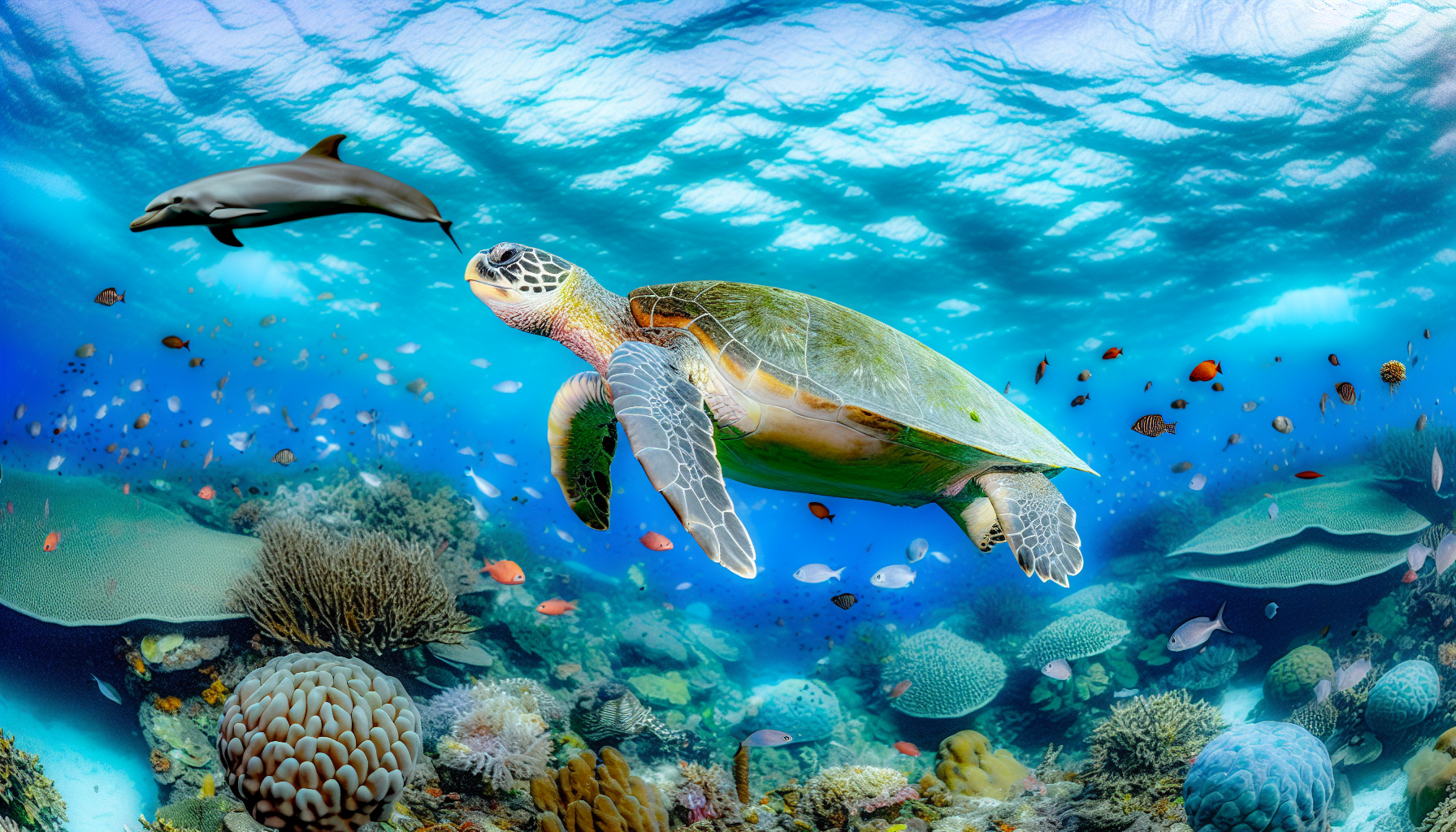 Graceful sea turtle swimming amidst vibrant marine life